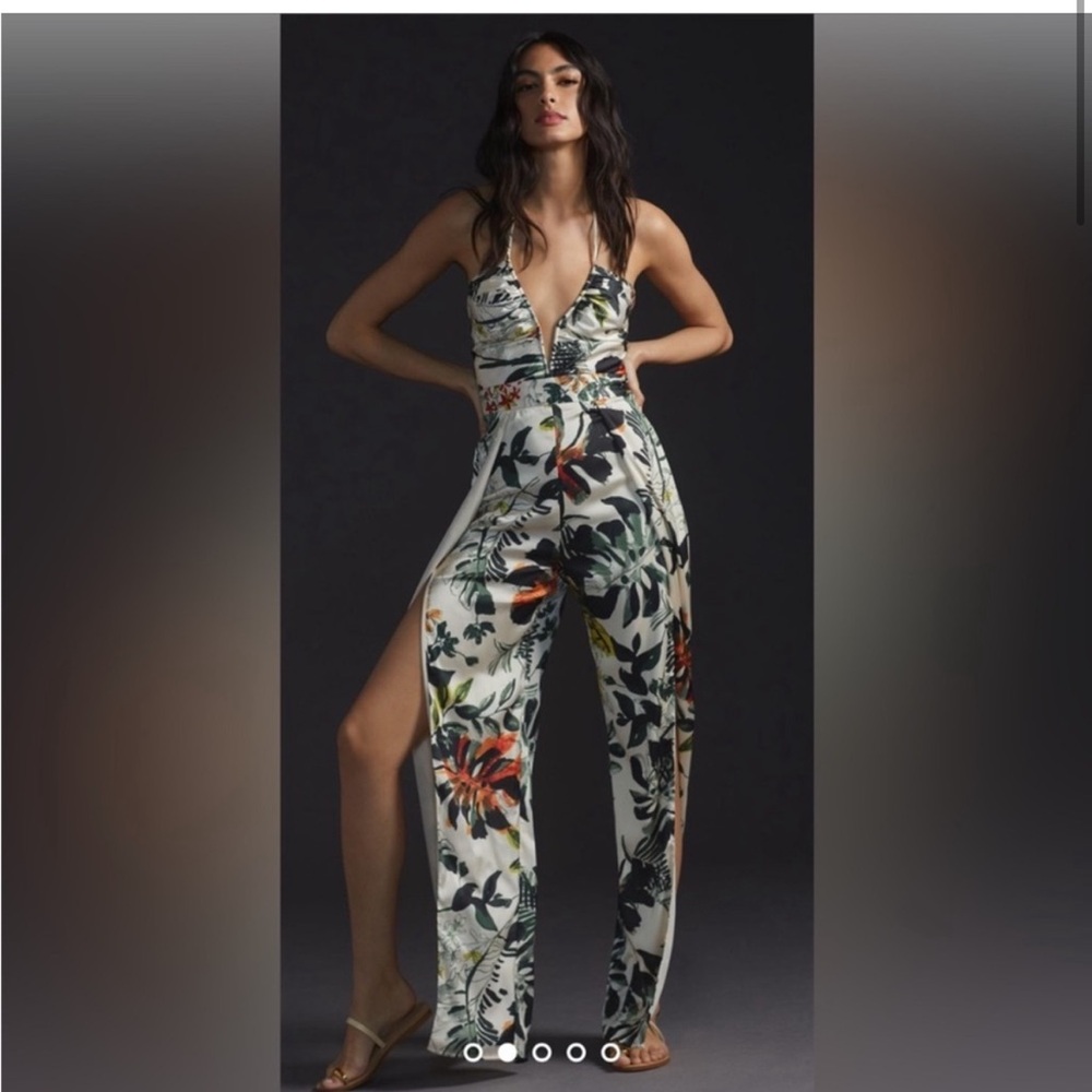 Revolve Katie May Never Cross V Neck Flowy Halter Jumpsuit Neutral Tropical Med